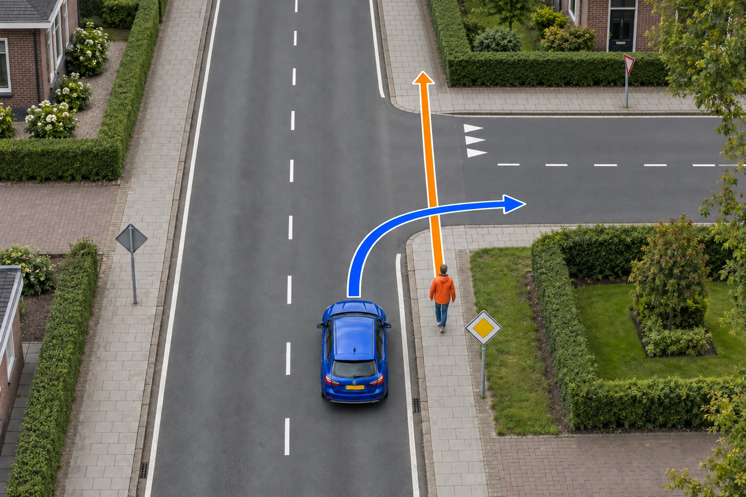 De blauwe auto volgt de pijl naar rechts. Rechts naast de auto loopt een voetganger volgens de oranje pijl rechtdoor langs dezelfde weg. De routes kruisen bij de zijweg. Langs de weg van de auto staat een geel voorrangsweg-bord. Alleen de inkomende rijstrook van de zijweg heeft haaientanden. Er is geen zebrapad.