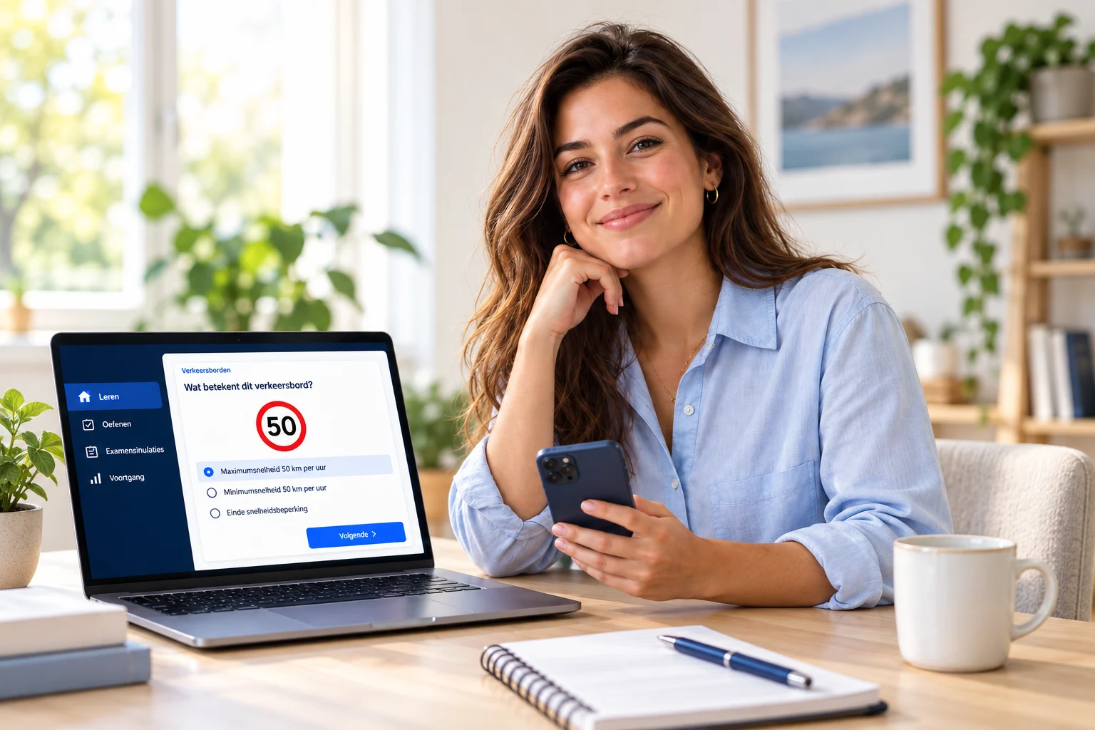 Illustratie: leren met SlaagTheorie op een laptop en telefoon