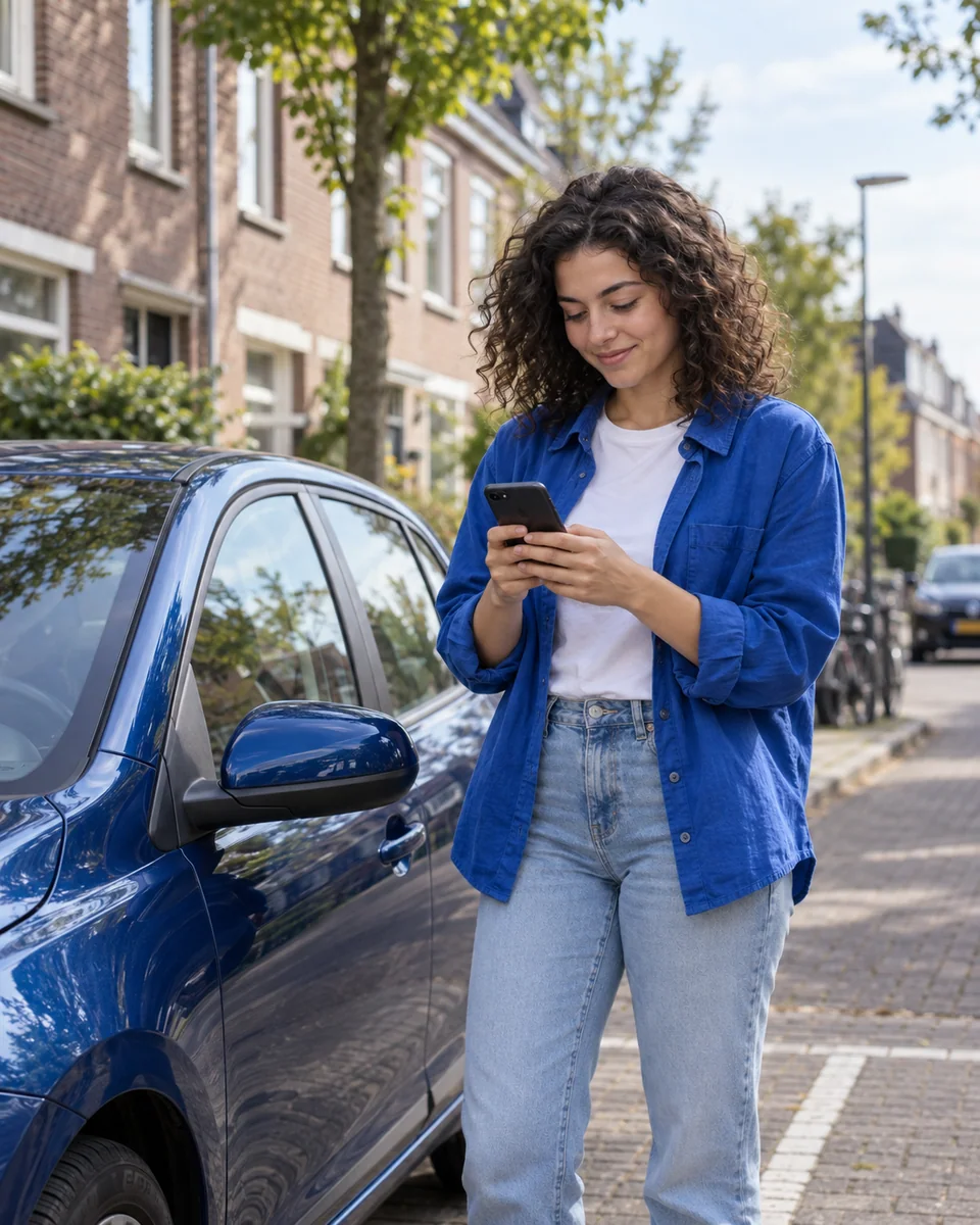 Jonge vrouw bekijkt haar telefoon naast een geparkeerde auto