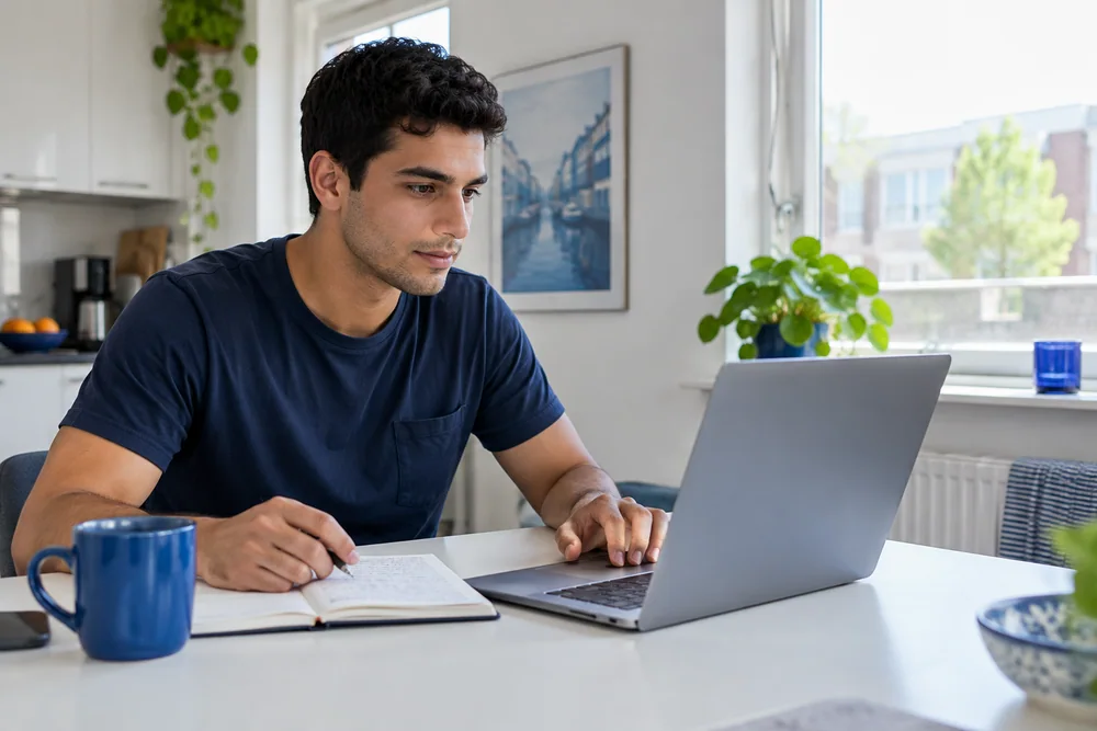 Een jonge man leert thuis met een laptop en een notitieboek