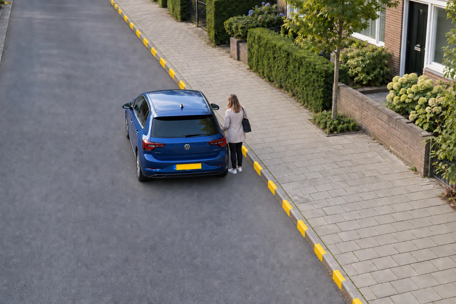 Een blauwe auto naast een stoeprand met onderbroken gele markering. De passagier staat direct naast de auto klaar.
