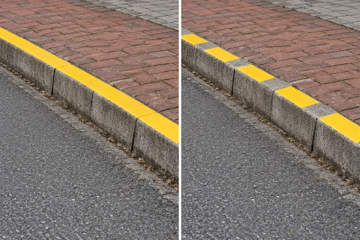 Links een doorgetrokken gele streep op de stoeprand, rechts een onderbroken gele streep met duidelijke tussenruimtes.