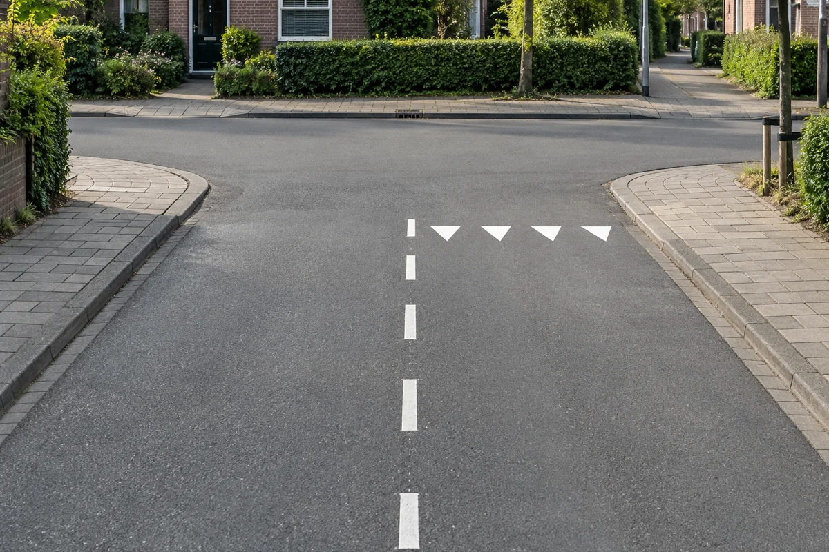 Haaientanden op uitsluitend de rechter aanrijstrook van een zijweg; de uitgaande rijstrook links blijft vrij.