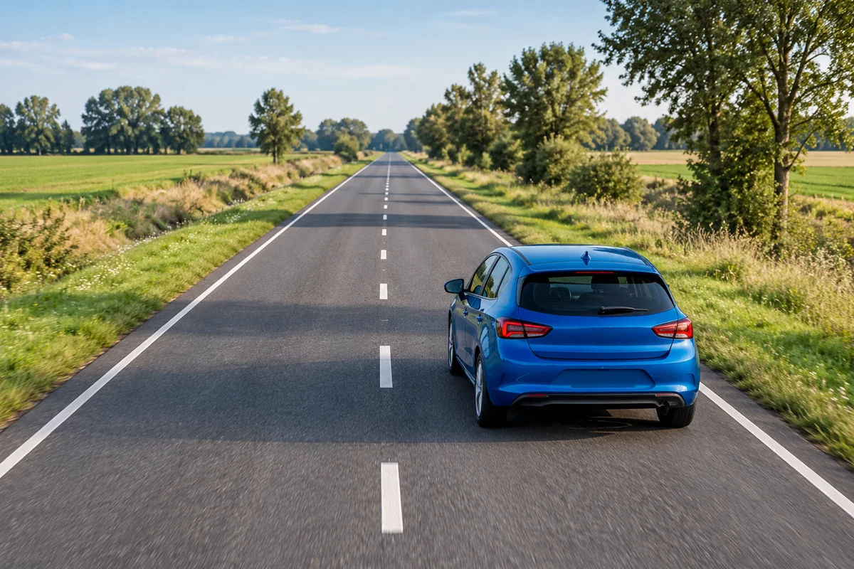 Blauwe auto in de rechterrijstrook van een rechte tweerichtingsweg, met vrij zicht vooruit.