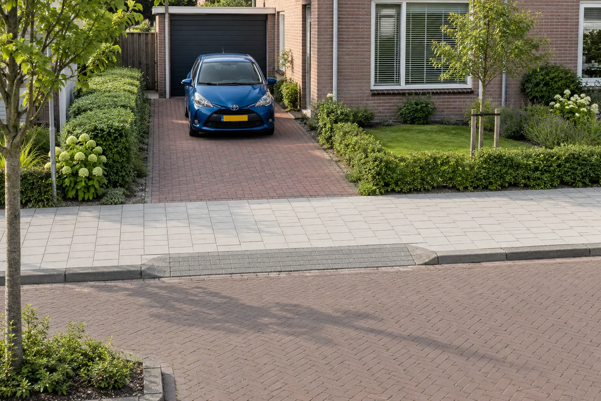 Een privé-oprit bij een woning, met een doorlopend betegeld trottoir en een verlaagde oprand naar de rijbaan. De blauwe auto staat achter het trottoir.